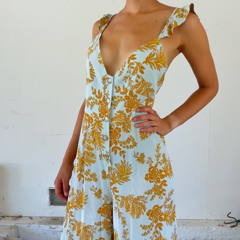 Free People Mint and Gold Wide Leg Jumpsuit with Ruffle Straps - Size S - CUTE